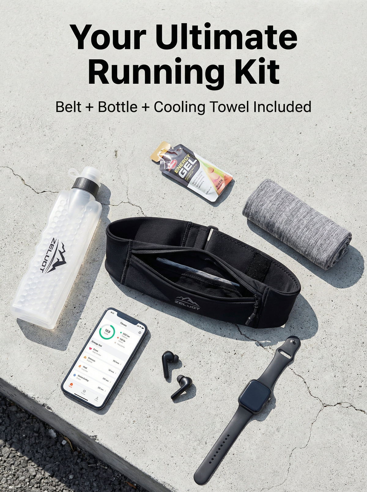 Zelvot | 3-in-1 Running Fanny Pack: 355ml Bottle, Phone Holder, Gym Towel – Waterproof Adjustable Belt