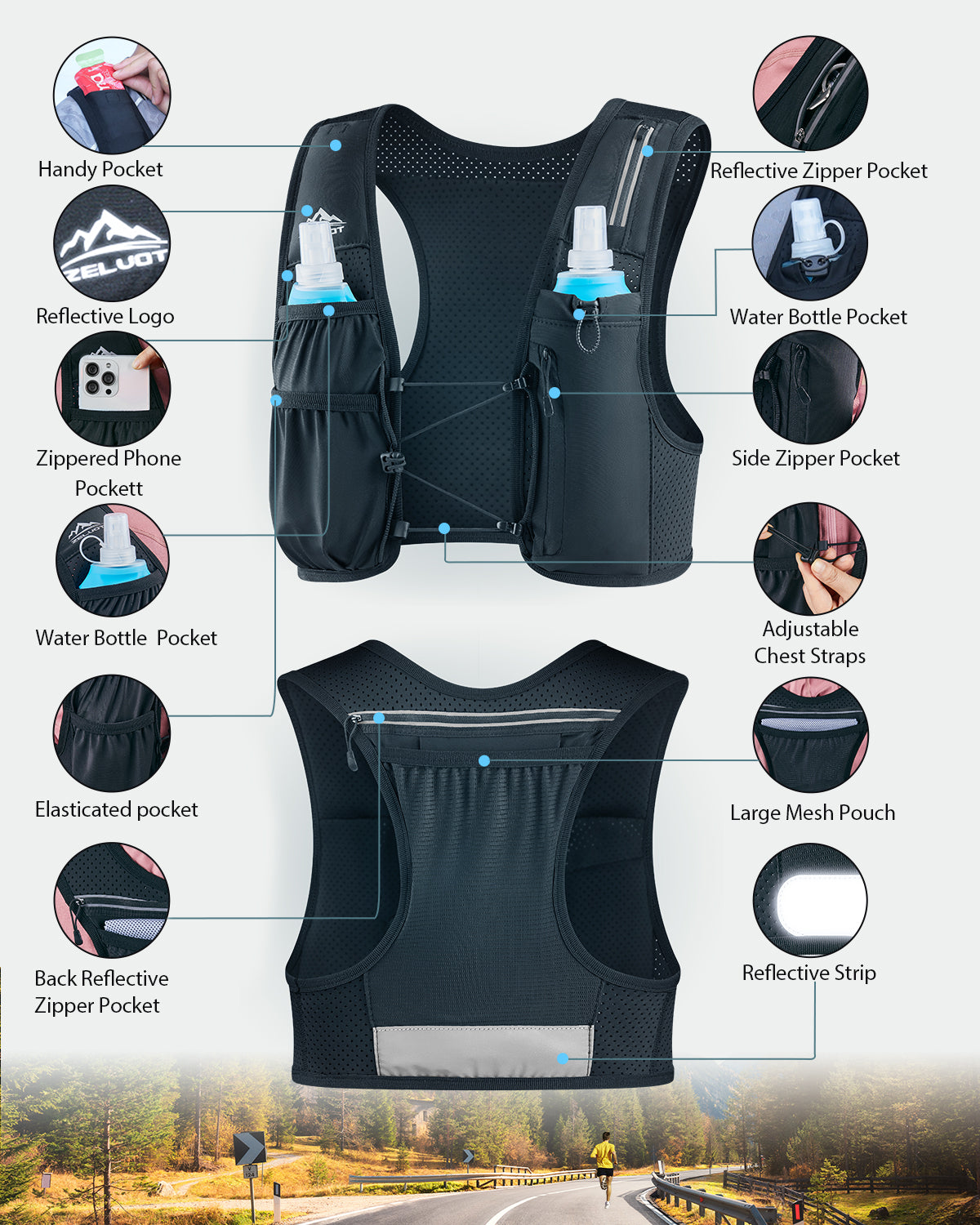 Zelvot | Adjustable Reflective Running Vest: 500ml Flask, USA Patent, Lightweight for Men & Women